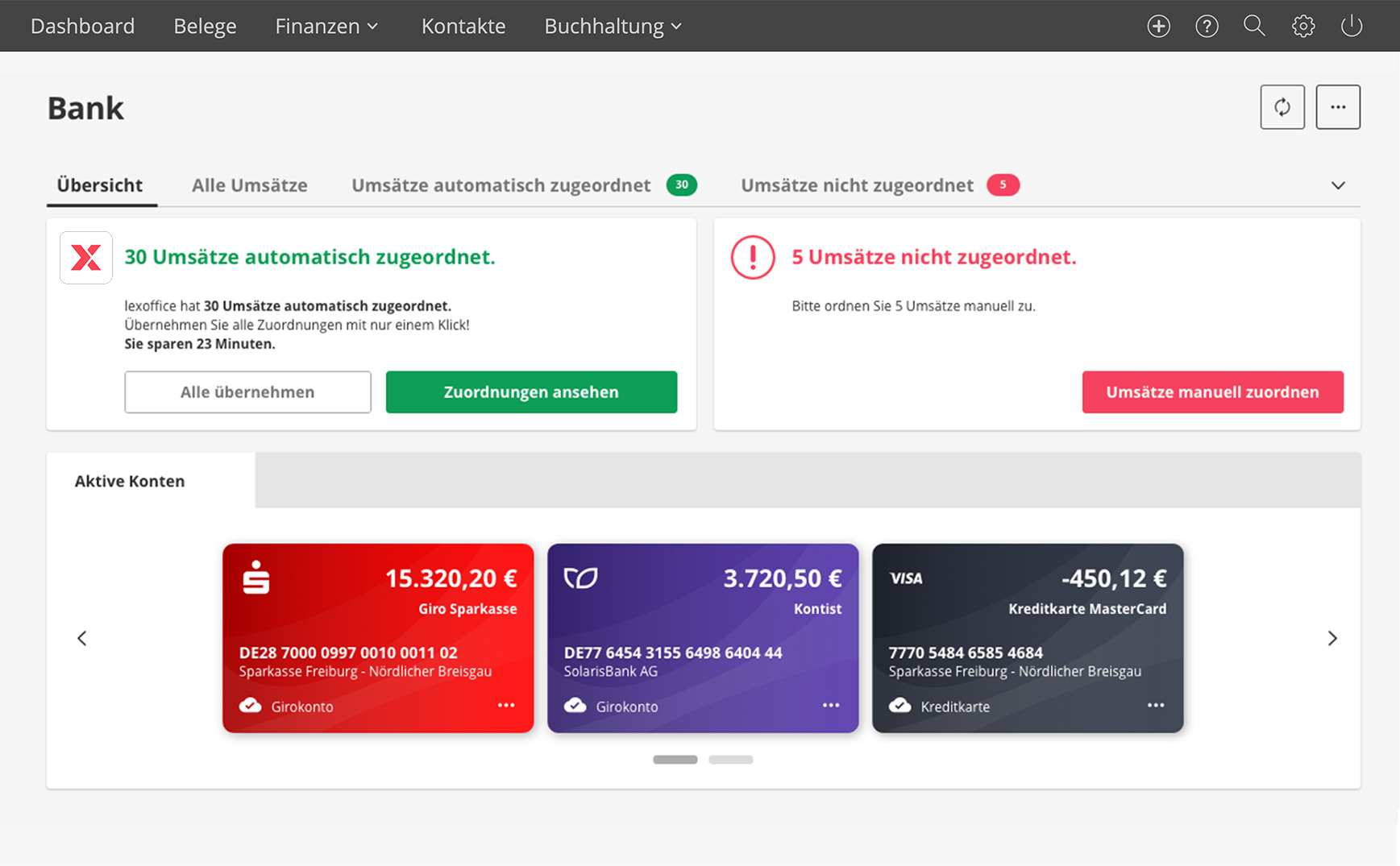 Lexware Office Onlinebanking Screenshot: 30 Umsätze automatisch zugeordnet